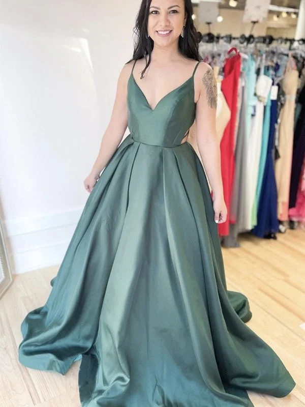 evening dress with mesh overlay-A Line V Neck Backless Green Satin Long Prom, Open Back Green Formal, Green Evening