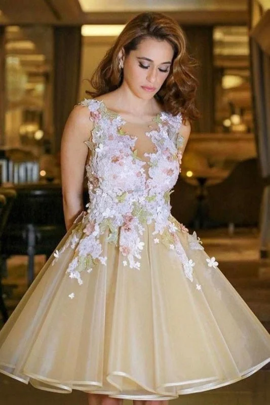 fit and flare evening dress-A-line V neck Backless Homecoming Dress with Flowers Appliqued Sleeveless Junior Dresses