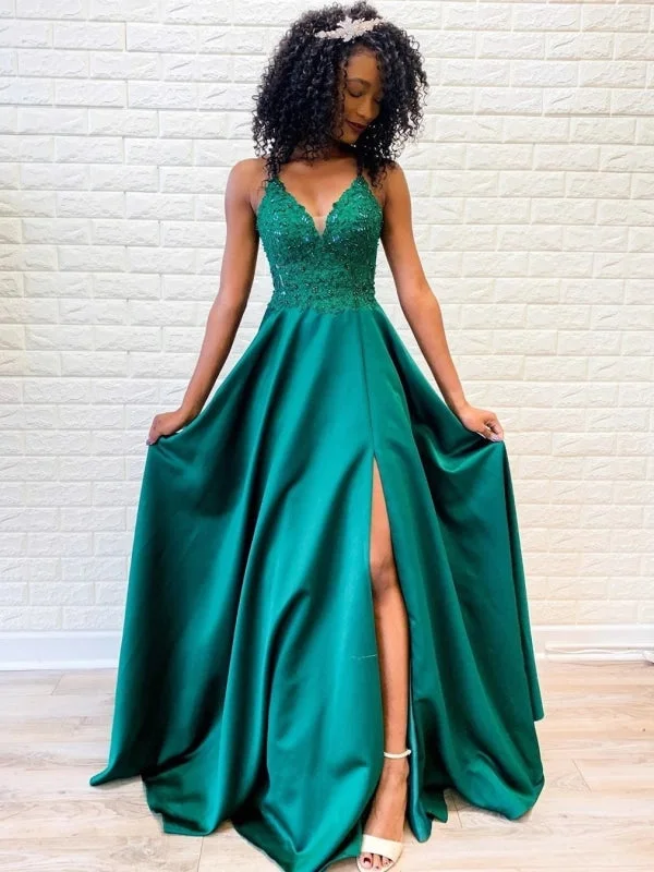 asymmetrical evening gown-A Line V Neck Backless Lace Green Prom with Split, Backless Green Lace Formal, Green Lace Evening