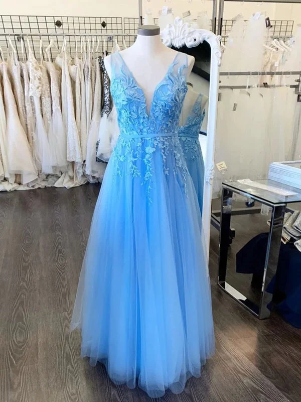 formal evening gown-A Line V Neck Backless Lace Light Blue Long Prom, V Neck Backless Blue Formal, Backless Lace Blue Evening