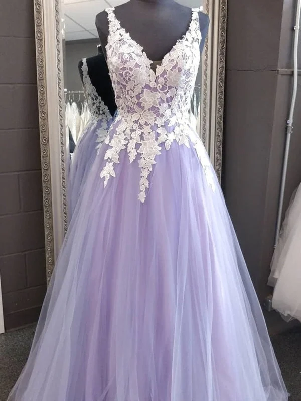 evening dress with bow detail-A Line V Neck Backless Lace Purple Long Prom, Purple Lace Formal Graduation Evening