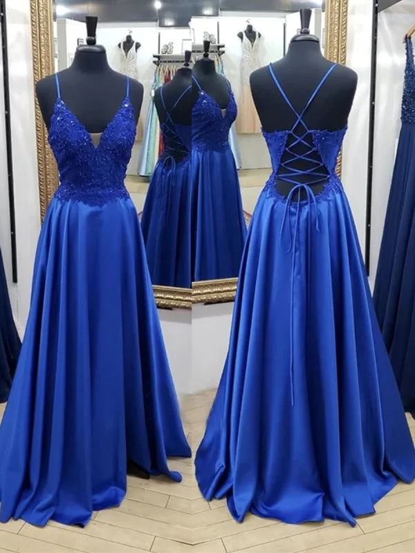 formal evening dress-A Line V Neck Backless Long Blue Lace Prom, Backless Blue Lace Formal Graduation Evening