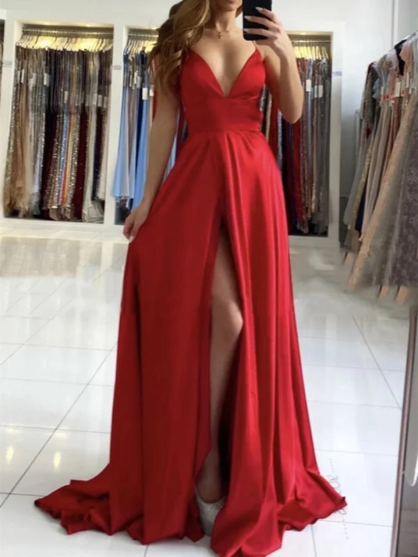 elegant peplum evening gown-A Line V Neck Backless Long Red Prom with High Slit, Backless Red Formal Graduation Evening