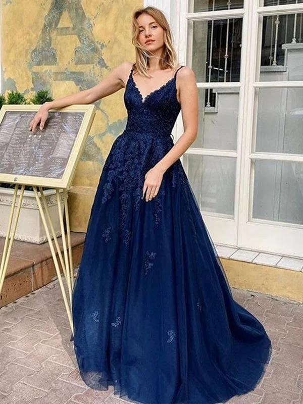 elegant evening attire-A Line V Neck Backless Navy Blue Lace Long Prom 2020, Open Back Navy Blue Lace Formal, Navy Blue Lace Evening