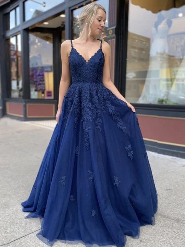 evening dress with sequins-A Line V Neck Backless Navy Blue Lace Prom 2020, Backless Navy Blue Lace Formal, Navy Blue Lace Evening