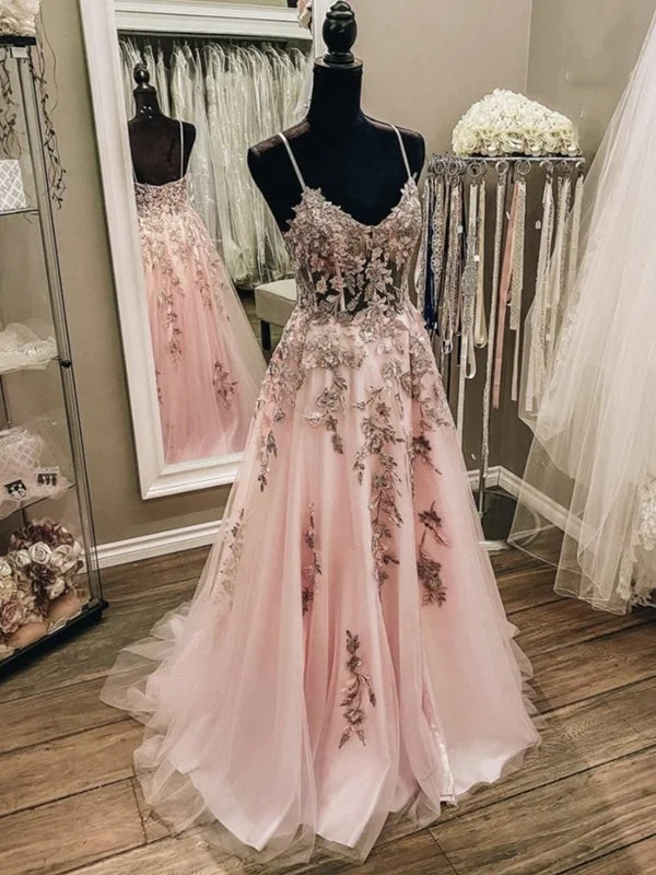 evening gown with floral lace-A Line V Neck Backless Pink Lace Floral Long Prom, Long Pink Lace Formal Graduation Evening