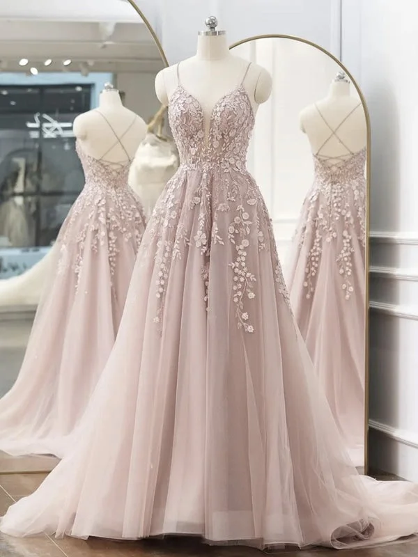 evening dress with side slit-A Line V Neck Backless Pink Lace Floral Long Prom Dresses, Pink Lace Formal Graduation Evening Dresses