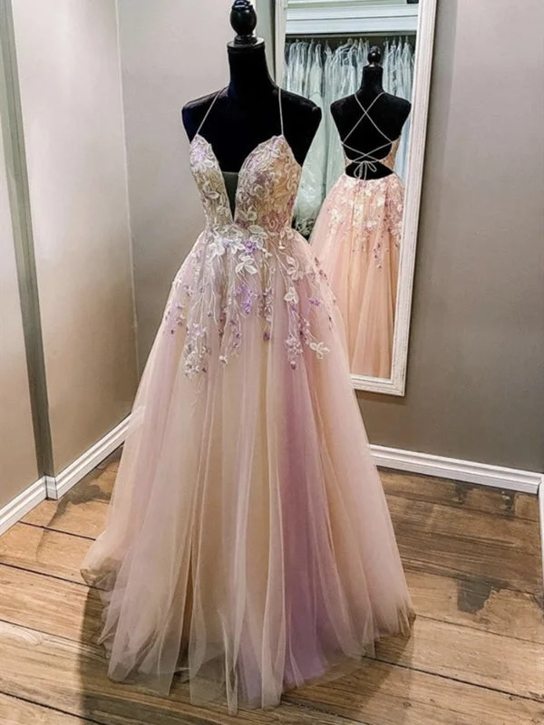 pleated evening gown-A Line V Neck Backless Pink Lace Floral Long Prom, V Neck Pink Formal, Pink Lace Evening