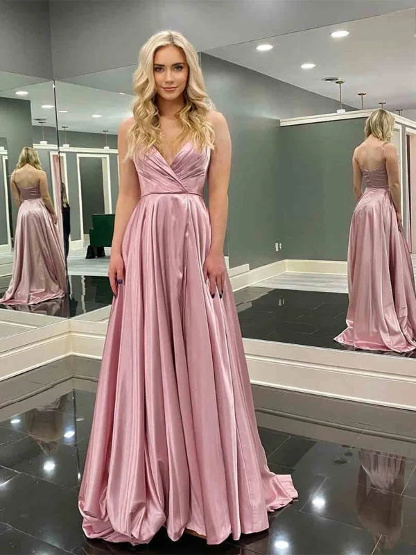 illusion neckline evening gown-A Line V Neck Backless Pink Long Prom Dresses, V Neck Pink Formal Graduation Evening Dresses