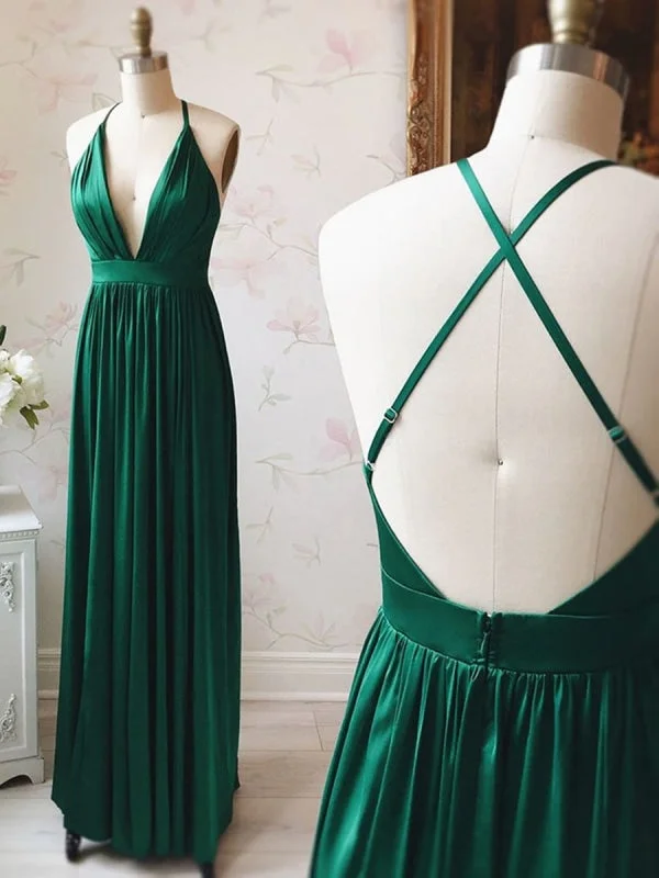 sheer back evening dress-A Line V Neck Backless Pleated Emerald Green Long Prom, V Neck Backless Emerald Green Formal Graduation Evening