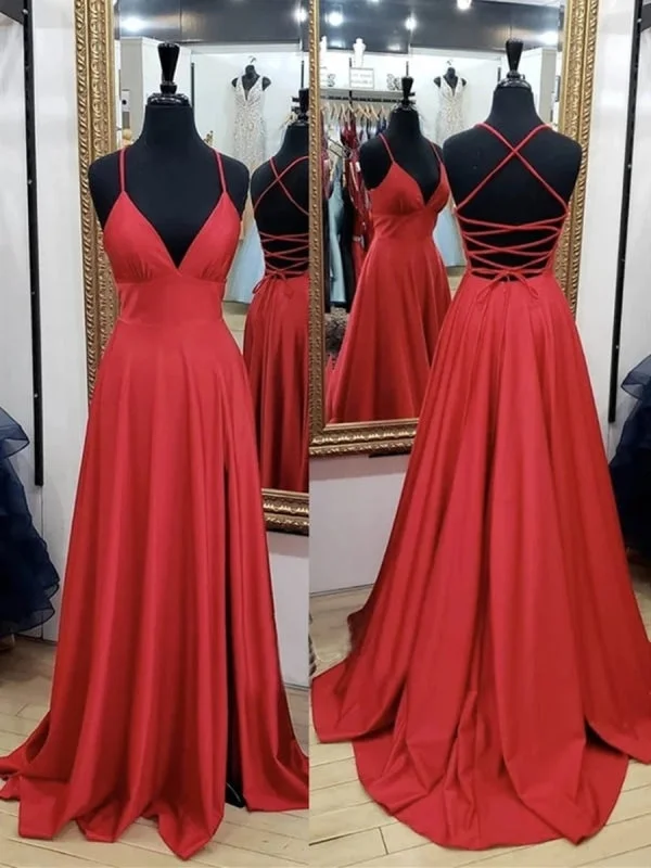 sophisticated evening dress-A Line V Neck Backless Red Long Prom, Backless Red Fromal, Red Evening