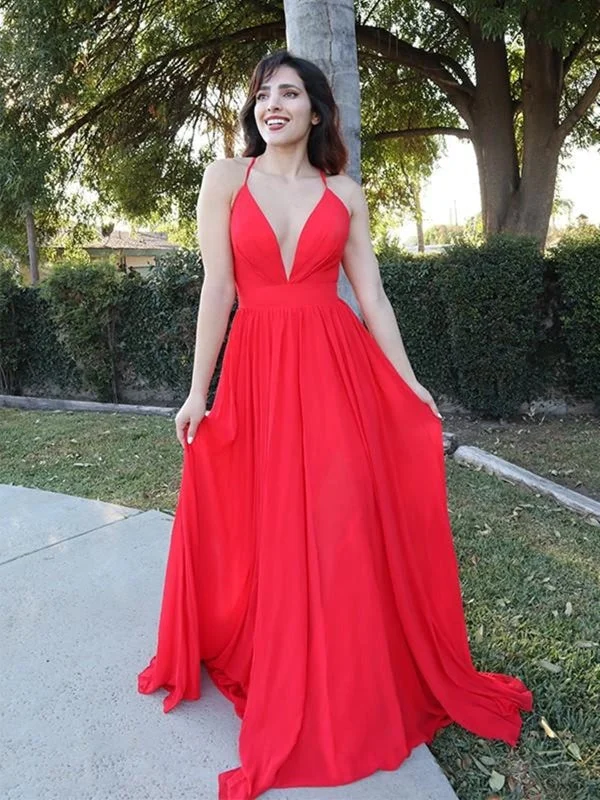 long sleeve evening gown-A Line V Neck Backless Red Long Prom, Open Back Red Formal Graduation Evening