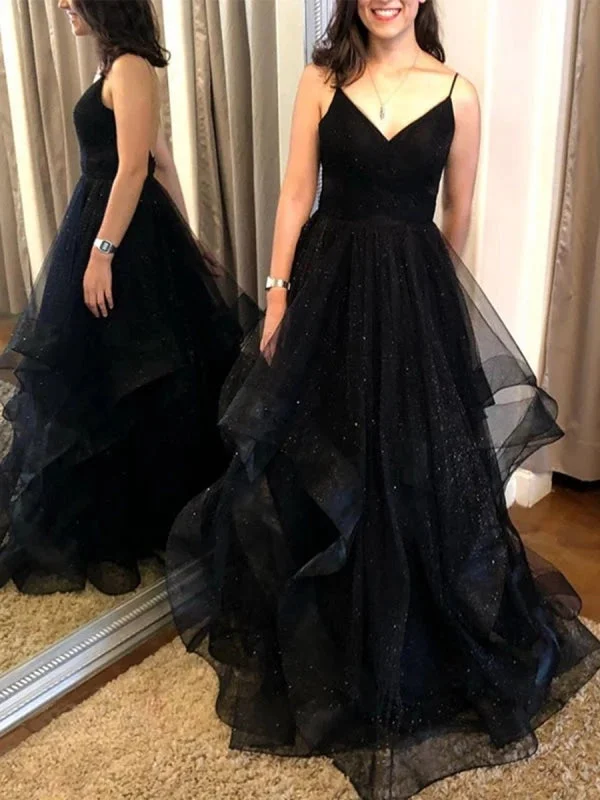 evening gown with pleated skirt-A Line V Neck Backless Sequins Black Long Prom, Backless Black Formal, Black Evening