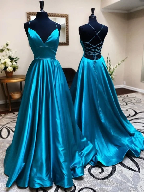 elegant satin evening dress-A Line V Neck Backless Teal Satin Long Prom, Open Back V Neck Blue Formal Graduation Evening