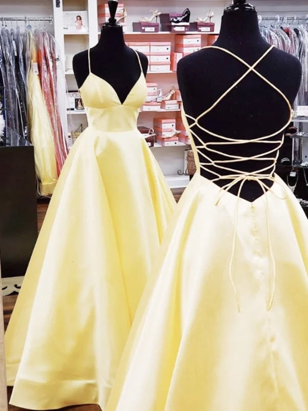 tulle evening gown-A Line V Neck Backless Yellow Long Prom with Cross Back, Backless Yellow Formal Graduation Evening