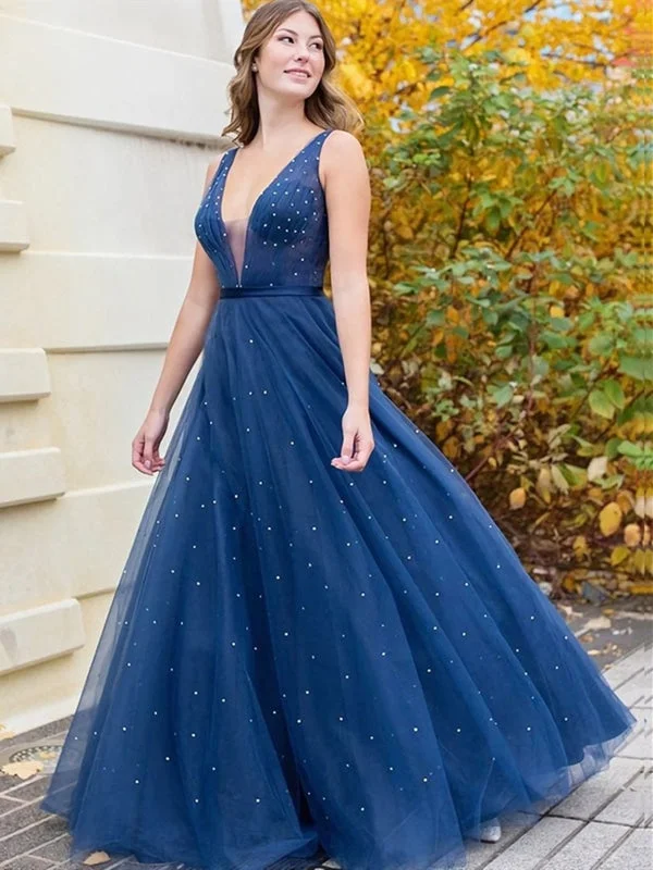 evening dress for black-tie events-A Line V Neck Beaded Navy Blue Long Prom, V Neck Dark Blue Tulle Long Formal Evening