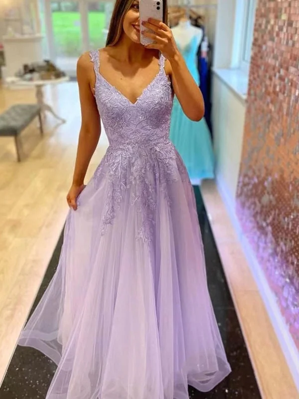 bodycon evening gown-A Line V Neck Beaded Purple Lace Long Prom Dresses, Lilac Lace Formal Dresses, Lavender Evening Dresses