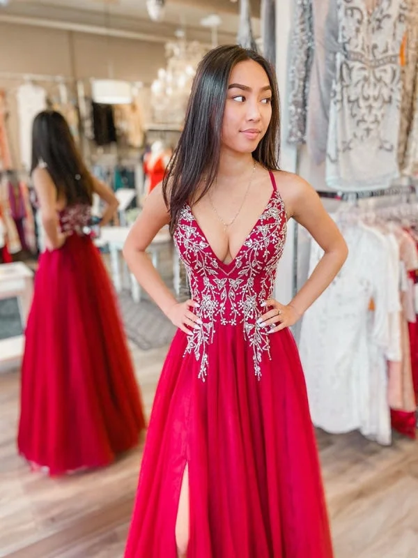 evening dress with bow detail-A Line V Neck Beaded Red Long Prom with Slit, V Neck Red Formal, Red Evening