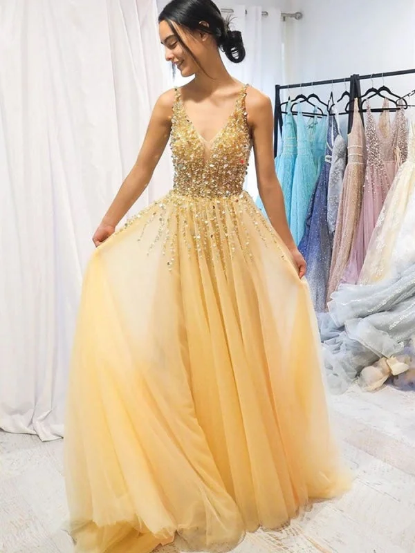 sleeveless evening gown-A Line V Neck Beaded Sequins Golden Long Prom, V Neck Beaded Golden Formal, Golden Evening