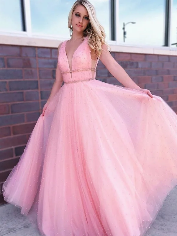 glamorous evening gown-A Line V Neck Beaded Tulle Long Pink Prom with Beadings, V Neck Pink Formal, Pink Evening