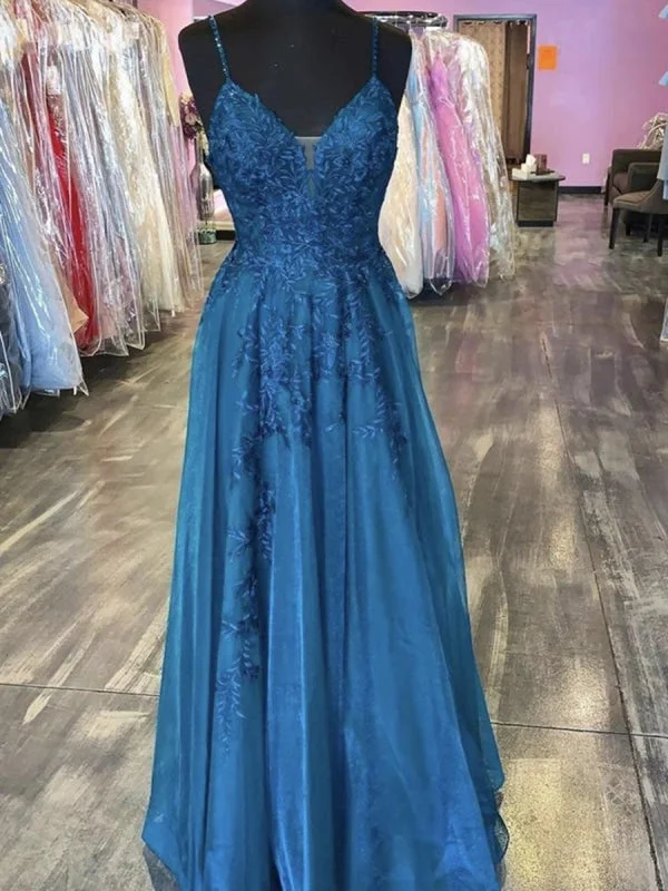 evening dress with lace appliqu茅-A Line V Neck Blue Lace Long Prom, V Neck Blue Formal, Blue Lace Evening