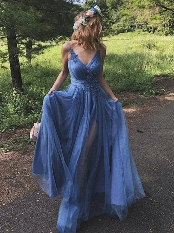 satin evening dress-A Line V Neck Blue Long Prom, V Neck Long Blue Formal Graduation Evening