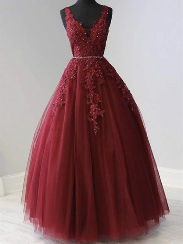 vintage lace evening dress-A Line V Neck Burgundy Lace Long Prom, Burgundy Lace Formal Graduation Evening