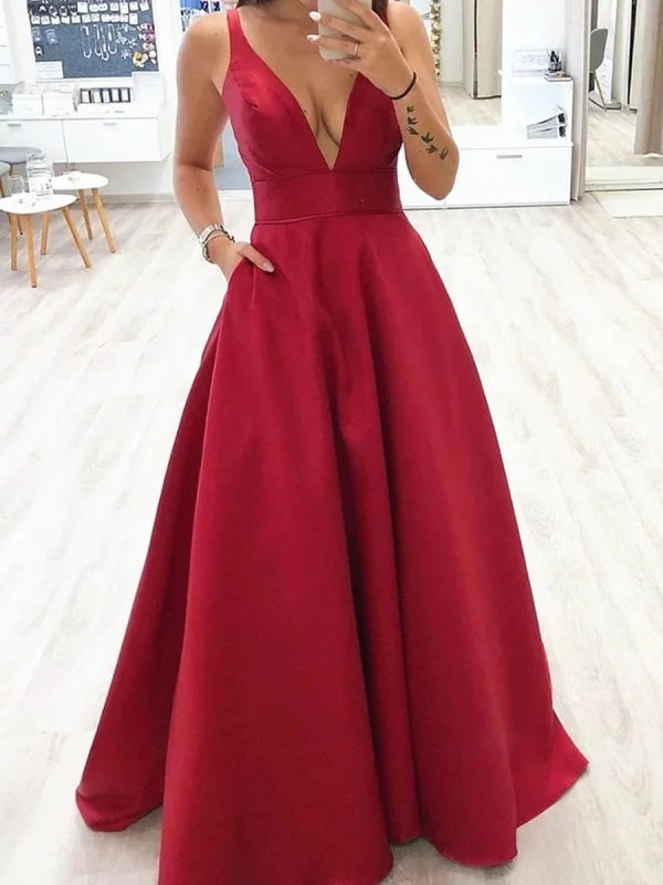 navy blue evening gown-A Line V Neck Burgundy Long Prom, V Neck Burgundy Formal, Burgundy Evening