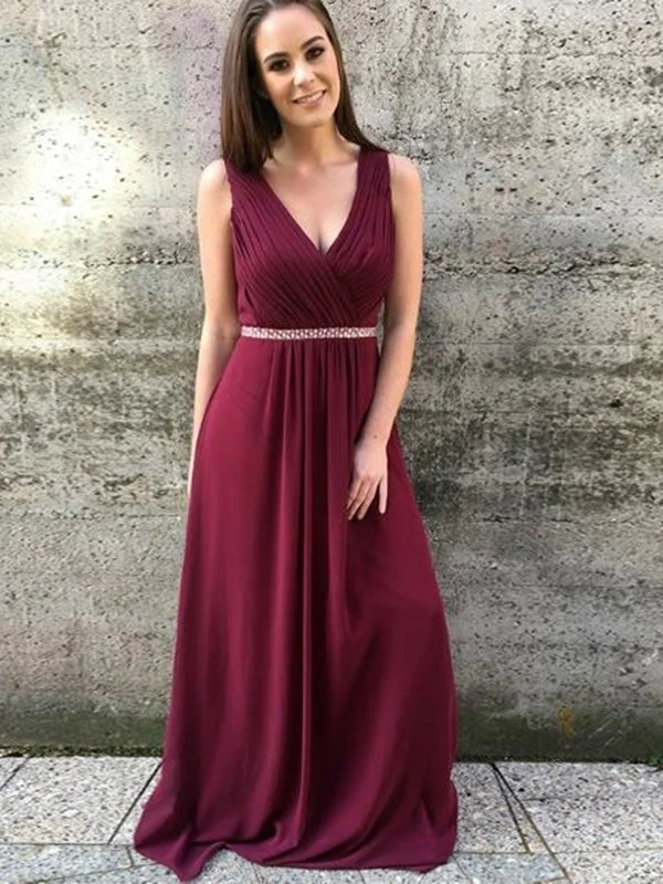 long sleeve evening gown-A Line V Neck Burgundy Long Prom Dresses, V Neck Burgundy Formal Graduation Evening Dresses