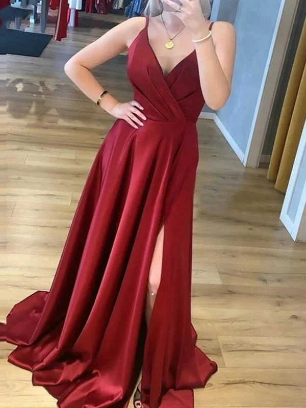 strapless evening dress-A Line V Neck Burgundy Long Prom with Leg Slit, V Neck Burgundy Formal Graduation Evening