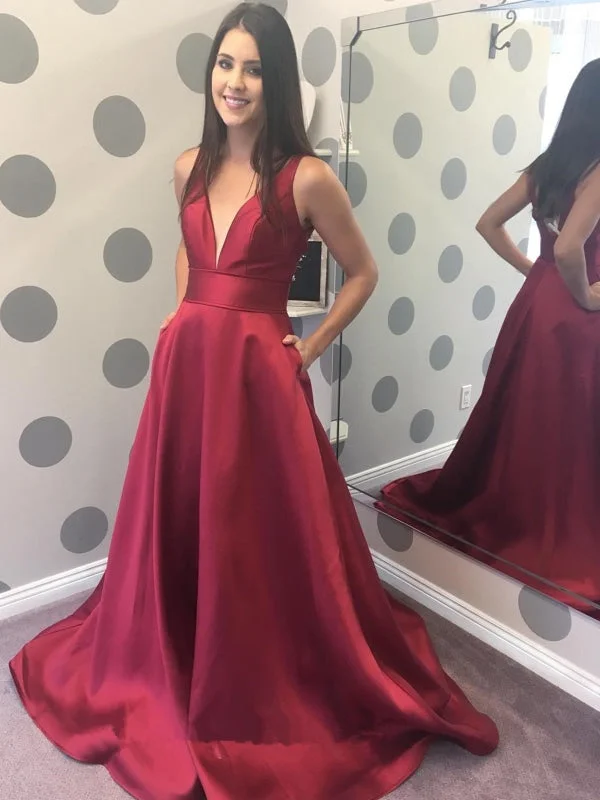 mermaid evening dress-A Line V Neck Burgundy Satin Long Prom Dresses with Pocket, V Neck Burgundy Formal Graduation Evening Dresses