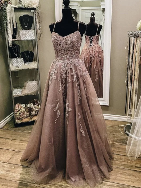 elegant peplum evening gown-A Line V Neck Champagne Lace Long Prom, Champagne Lace Formal Evening