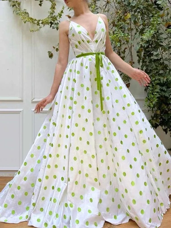 formal evening dress-A Line V Neck Green Dot White Long Prom, Green Dot Long Formal Evening