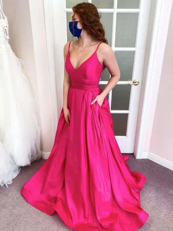 mermaid evening gown-A Line V Neck Hot Pink Satin Long Prom with Pocket, V Neck Hot Pink Formal Evening