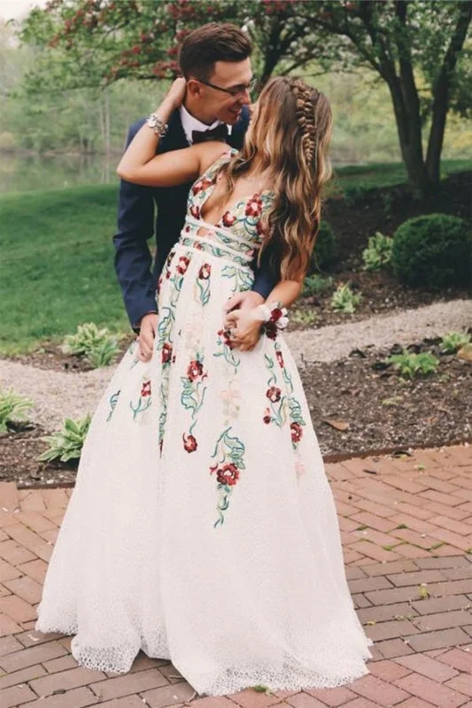 sophisticated evening dress-A Line V Neck Ivory Lace Prom Flowers Long Evening Dresses with Appliques