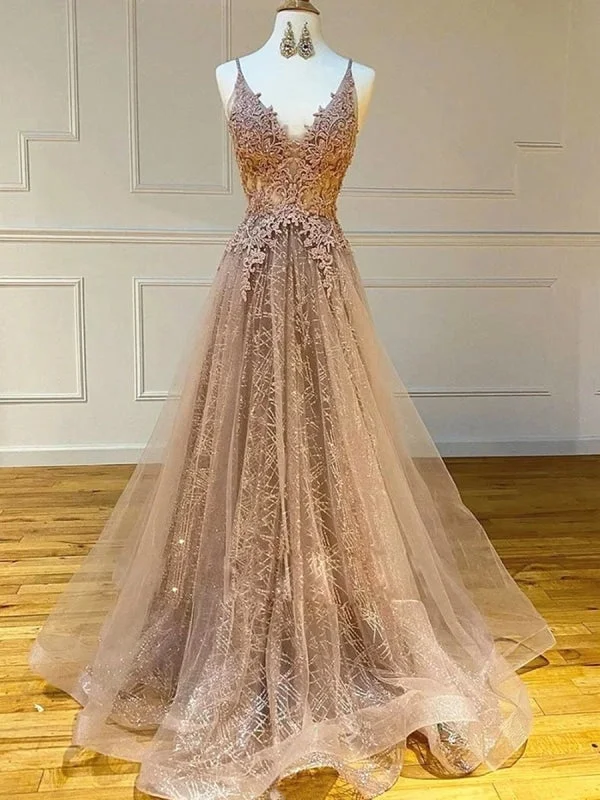 evening dress with fringe-A Line V Neck Lace Champagne Long Prom, Champagne Lace Formal Graduation Evening