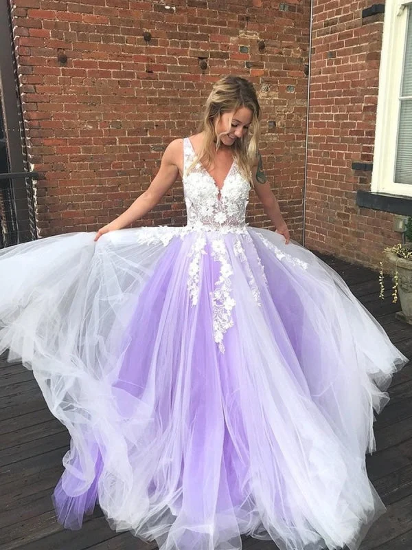 mermaid evening gown-A Line V Neck Lace Purple Long Prom, V Neck Purple Lace Formal, Purple Lace Evening