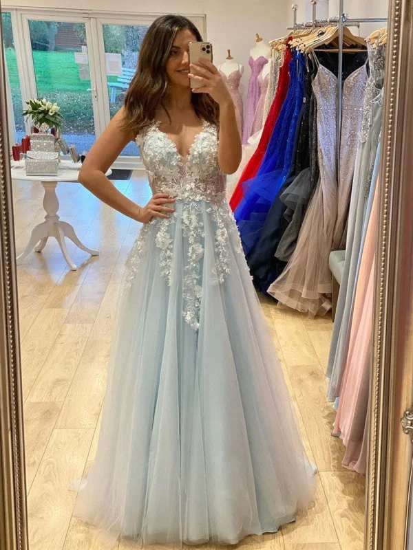 elegant satin evening dress-A Line V Neck Light Blue Lace Floral Long Prom, 3D Flowers Light Blue Lace Formal Evening