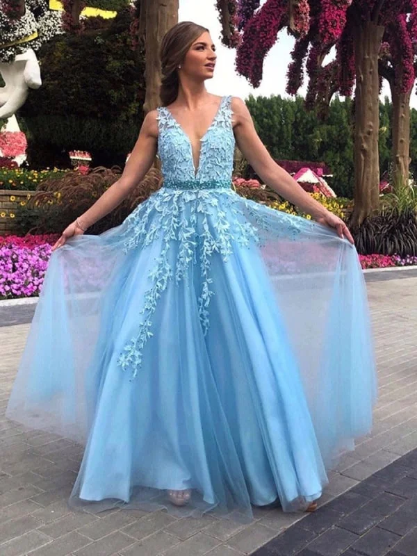 classic black evening gown-A Line V Neck Light Blue Lace Long Prom 2020, Light Blue Lace Formal, Light Blue Evening