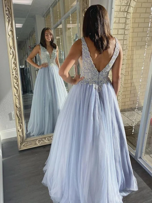 fit and flare evening dress-A Line V Neck Light Blue Lace Long Prom, Light Blue Lace Formal, Light Blue Evening