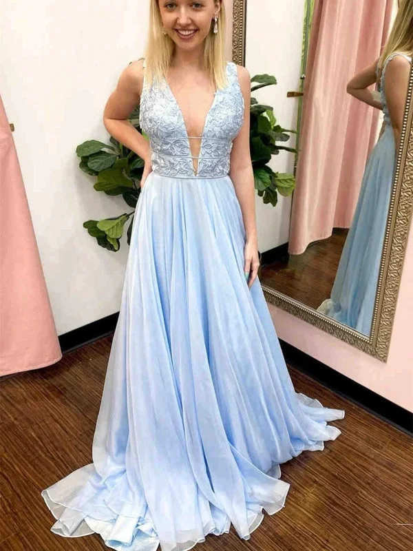 long sleeve evening gown-A Line V Neck Light Blue Lace Long Prom Dresses, Light Blue Lace Formal Graduation Evening Dresses