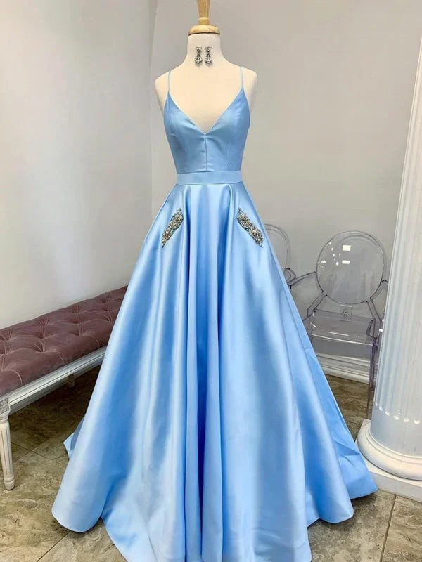 royal blue evening gown-A Line V Neck Light Blue Satin Long Prom with Pocket, V Neck Light Blue Formal Evening