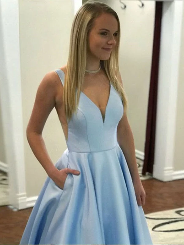 evening dress with embroidery-A Line V Neck Light Blue Satin Long Prom with Pocket, V Neck Light Blue Formal Graduation Evening