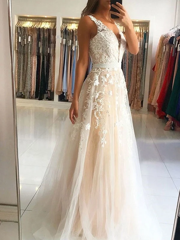 evening gown with floral lace-A Line V Neck Light Champagne Lace Long Prom Dresses, Open Back Light Champagne Lace Formal Evening Dresses