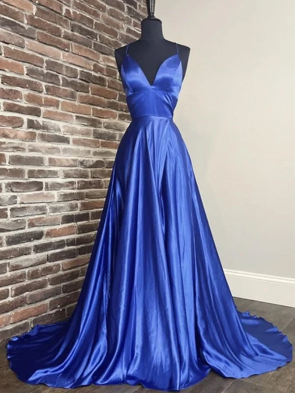 elegant evening dress with train-A Line V Neck Long Blue Prom, Blue Formal Graduation Evening