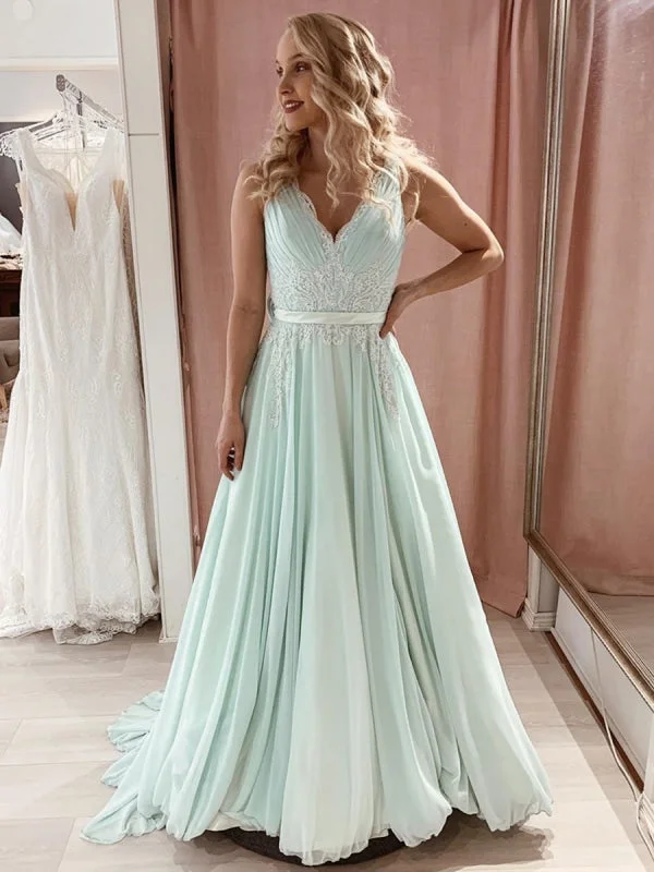 evening dress with side slit-A Line V Neck Long Mint Green Lace Prom, Mint Green Lace Formal Graduation Evening