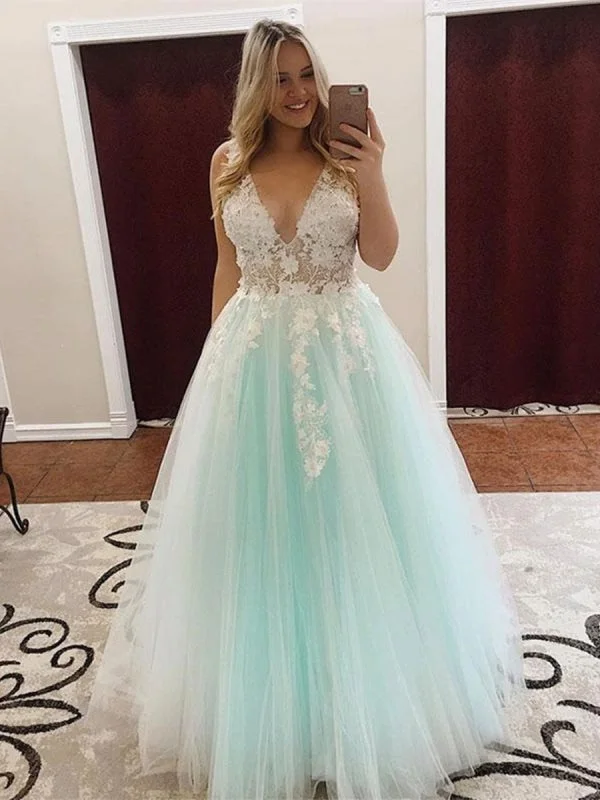 high neck formal evening gown-A Line V Neck Long White Lace Appliques Light Green Prom, V Neck Lace Light Green Formal, Lace Green Evening