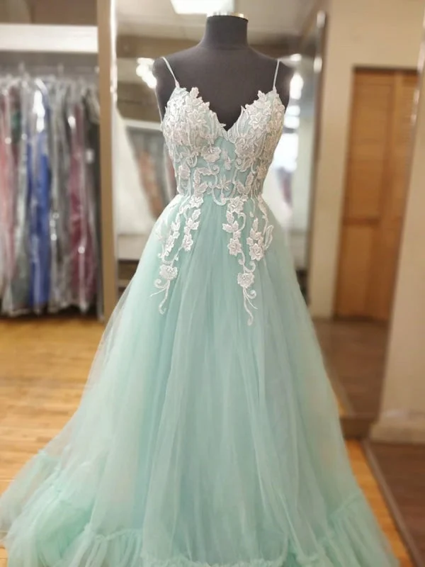 evening dress with lace appliqu茅-A Line V Neck Mint Green Lace Prom, Mint Green Lace Formal Evening