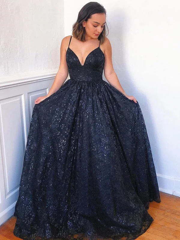 metallic evening gown-A Line V Neck Navy Blue Lace Long Prom, V Neck Lace Navy Blue Formal, Dark Blue Lace Evening