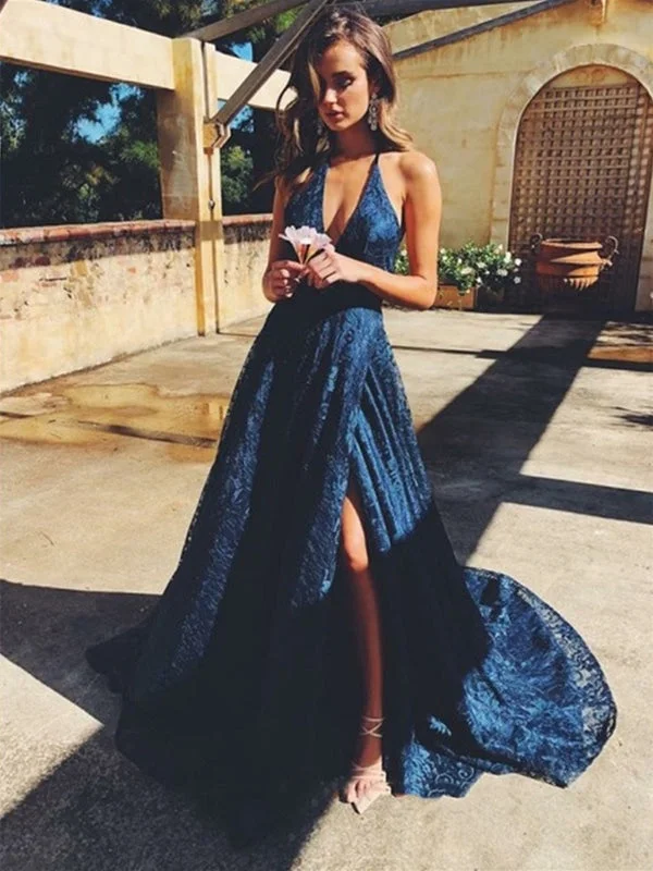 evening gown with appliqu茅s-A Line V Neck Navy Blue Lace Long Prom Dresses with High Slit, Navy Blue Lace Formal Graduation Evening Dresses